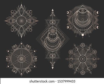 Vector set of Sacred geometric symbols and figures on black background. Abstract mystic signs collection. Gold linear shapes. For you design or magic craft.