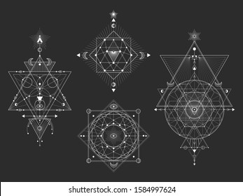 Vector set of Sacred geometric symbols with moon, eye, arrows and figures on black background. White abstract mystic signs collection drawn in lines. For you design and magic craft.