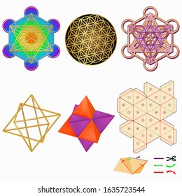 Vector set of Sacred geometric symbols Flower of Life, Merkaba, Stellated octahedron. 
Meditation Tool for healing protection aura and chakras.
Blocage negative entities. Ready Pack for print.