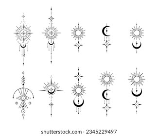 Vector set of Sacred geometric symbols on white background. Abstract mystic signs collection. Black linear shapes. Design tattoo, print, posters, t-shirts, textiles.