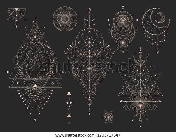 Vector\
set of Sacred geometric symbols with moon, eye, arrows,\
dreamcatcher and figures on black background. Gold abstract mystic\
signs collection drawn in lines. For you\
design.