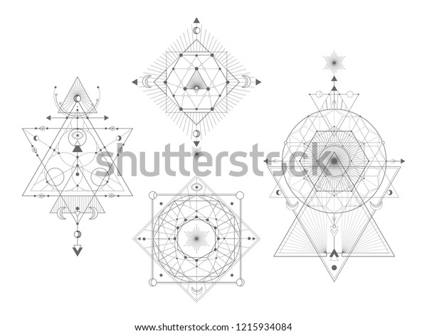 Vector set of\
Sacred geometric symbols on white background. Abstract mystic signs\
collection. Black linear shapes. For you design: tattoo, print,\
posters, t-shirts,\
textiles.