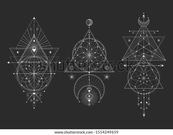 Vector set of Sacred geometric symbols with moon,\
eye, arrows, dreamcatcher and figures on black background. White\
abstract mystic signs collection drawn in lines. For you design and\
magic craft.