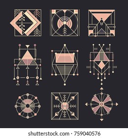 Vector Set Of Sacred Geometry. Geometric Icons, Shapes, Logos, Border And Divider. Collection Of Symbols: Ethnic, Religion, Alchemy, Philosophy, Spiritual, Indian. Decorative Elements. Isolated Signs.