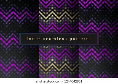 Vector set of sacred geometry seamless pattern; Mixed styles - ancient traditional northern embroidery with contemporary digital design; Psychedelic paganism.