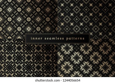 Vector set of sacred geometry seamless pattern; Mixed styles - ancient traditional northern embroidery with contemporary digital design; Psychedelic paganism.