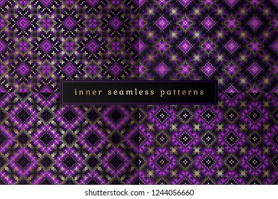 Vector set of sacred geometry seamless pattern; Mixed styles - ancient traditional northern embroidery with contemporary digital design; Psychedelic paganism.