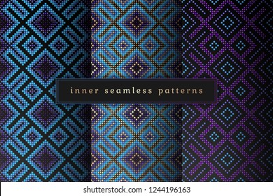 Vector set of sacred geometry seamless pattern; Mixed styles - ancient traditional northern embroidery with contemporary digital design; Psychedelic paganism.