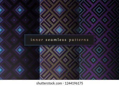 Vector set of sacred geometry seamless pattern; Mixed styles - ancient traditional northern embroidery with contemporary digital design; Psychedelic paganism.