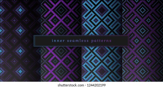 Vector set of sacred geometry seamless pattern; Mixed styles - ancient traditional northern embroidery with contemporary digital design; Psychedelic paganism.