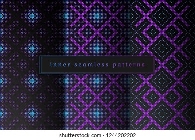 Vector set of sacred geometry seamless pattern; Mixed styles - ancient traditional northern embroidery with contemporary digital design; Psychedelic paganism.