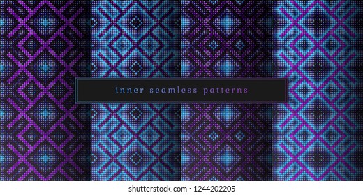 Vector set of sacred geometry seamless pattern; Mixed styles - ancient traditional northern embroidery with contemporary digital design; Psychedelic paganism.