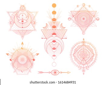 Vector set of Sacred geometry symbols with moon, eye and arrows on white background. Abstract mystic signs collection. Colored linear shapes. For you design, tattoo or modern magic craft.