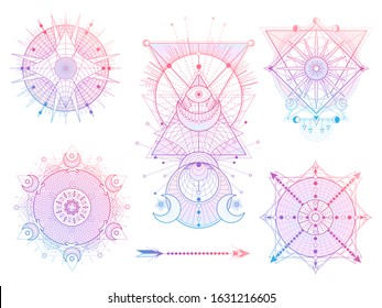 Vector set of Sacred geometry symbols with moon, sun, eye and arrow on white background. Abstract mystic signs collection. Colored linear shapes. For you design, tattoo or modern magic craft.