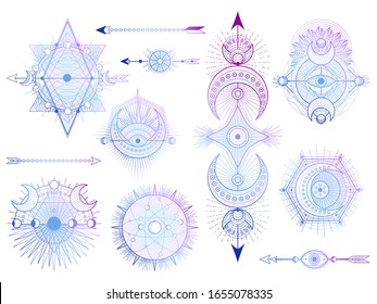 Vector set of Sacred geometry symbols with moon, sun, eye and arrows on white background. Abstract mystic signs collection. Colored linear shapes. For you design, tattoo or modern magic craft.