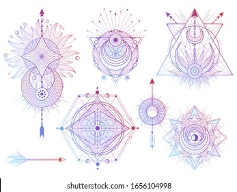 Vector set of Sacred geometry symbols with moon, sun, and arrows on white background. Abstract mystic signs collection. Colored linear shapes. For you design, tattoo or modern magic craft.