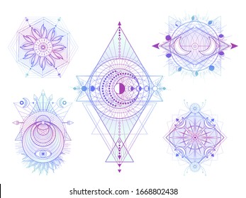 Vector set of Sacred geometry symbols with moon, sun and eye on white background. Abstract mystic signs collection. Colored linear shapes. For you design, tattoo or modern magic craft.