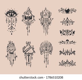 Vector set of sacred hand drawn spiritual symbols. Abstract mystic signs collection.