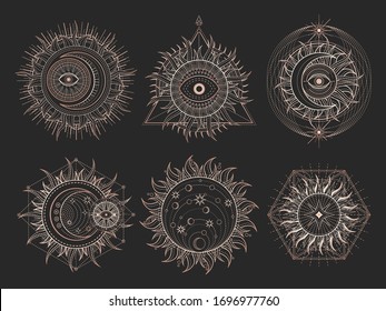 Vector set of Sacred symbols and geometry figures on black background. Gold abstract signs. 