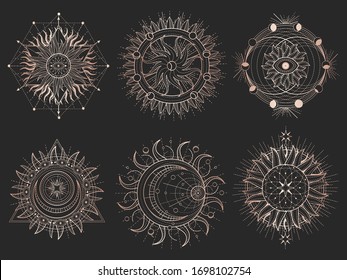 Vector set of Sacred symbols and geometry figures on black background. Gold abstract signs. 