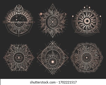 Vector set of Sacred symbols and geometry figures on black background. Gold abstract signs. For you design and magic craft.