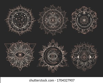 Vector set of Sacred symbols and geometry figures on black background. Gold abstract signs. 