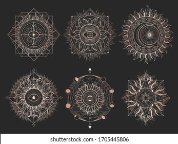 Vector set of Sacred symbols and geometry figures on black background. Gold abstract signs.