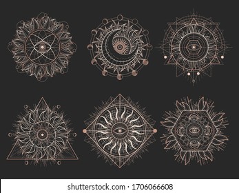 Vector set of Sacred symbols and geometry figures on black background. Gold abstract signs. 