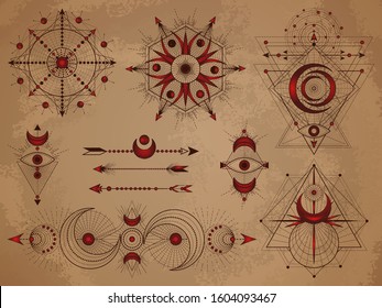 Vector set of Sacred symbols with moon, eye, arrows and geometric figures on old paper background. Abstract mystic signs collection drawn in lines. Image in sepia color. 