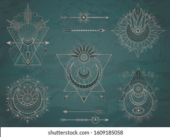 Vector set of Sacred symbols with moon, sun, arrows and geometric figures on dark vintage background. Abstract mystic signs collection drawn in lines. Image in green color. 