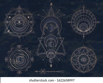 Vector set of Sacred symbols with moon, eye, sun and geometric figures on dark vintage background. Abstract mystic signs collection drawn in lines. Image in blue color. 