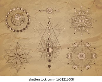 Vector set of Sacred symbols with moon, eye, arrow and geometric figures on old paper background. Abstract mystic signs collection drawn in lines. Image in sepia color. 