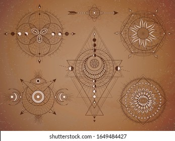 Vector set of Sacred symbols with moon, eye, sun and geometric figures on old paper background. Abstract mystic signs collection drawn in lines. Image in sepia color. 