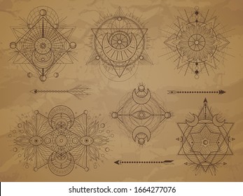 Vector set of Sacred symbols with moon, eye, sun and geometric figures on old paper background. Abstract mystic signs collection drawn in lines. Image in sepia color. 