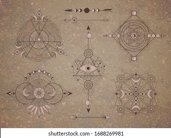 Vector set of Sacred symbols with moon, eye, arrows and geometric figures on old paper background. Image in sepia color. 