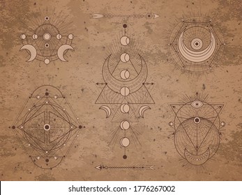 Vector set of Sacred symbols with moon, arrows and geometric figures on old paper background. Abstract mystic signs collection drawn in lines. Image in sepia color. 