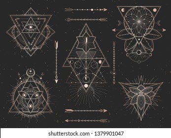 Vector set of Sacred triangle symbols and mystic figures on black grunge background. Gold abstract signs collection drawn in lines. For you design and magic craft.