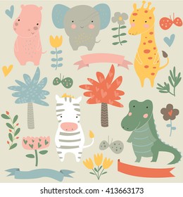 Conjunto vectorial de animales Safari. Hipo, elefante, jirafa, cebra, lagarto, flores, mariposas, corazones y cintas en forma de caricatura. 