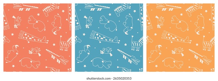 Vector Set of Safari Animals Seamless Doodle Patterns