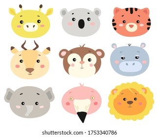 Vektorgrafik eines afrikanischen süßen Tieres - Giraffe, Antelope, Affe, Hippo, Elefant, Flamingo, Löwe.Handgezeichnet Set von Safari-Säugetieren Gesicht und Kopf in flachem Stil.Einzeln auf weißem Hintergrund. 