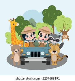VECTOR SET OF SAFARI KIDS AND ANIMALS 