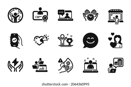 Vector set of Safe energy, Love and Financial app icons simple set. Budget accounting, Winner cup and Best manager icons. Safe time, Dirty mask and Certificate signs. Vector