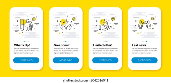 Vector set of Safe energy, Medical analyzes and Chemistry lab line icons set. UI phone app screens with line icons. Social distancing icon. Thunderbolt, Medicine results, Laboratory. Vector