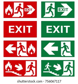 VECTOR. Set of safety signs. Exit sign. Emergency fire exit door and exit door. The icons with a white sign on a green / red background. Public information label. Illustration.