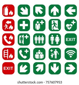 VECTOR. Set Of Safety Signs. Exit Sign. Emergency Fire Exit Door. The Icons With A White Sign On A Green / Red Background. Public Information Label. Illustration.