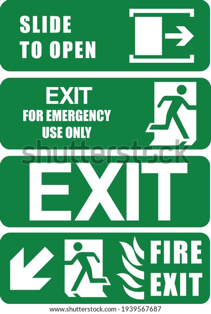 VECTOR. Set of safety signs. Exit\
sign. Emergency fire exit door and exit door. The icons with a\
white sign on a green Public information label.\
Illustration.