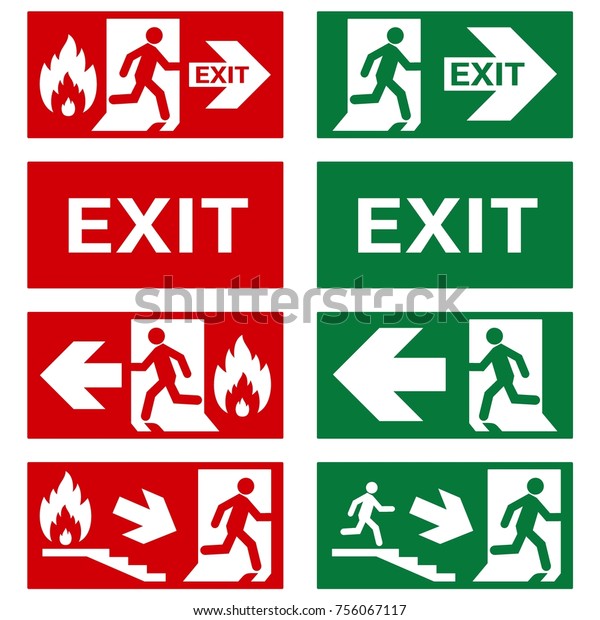VECTOR. Set of\
safety signs. Exit sign. Emergency fire exit door and exit door.\
The icons with a white sign on a green / red background. Public\
information label.\
Illustration.