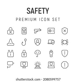 Vector set of safety thin line icons. Design of 20 stroke pictograms. Signs of safety isolated on a white background.