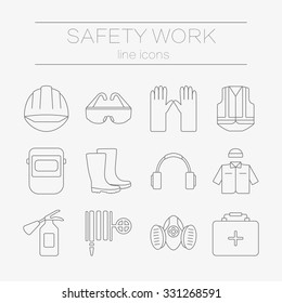 Vector set of safety work icons, including tools. Modern line style labels of safety and protection elements.