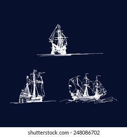 Vector set of sailing galleon ships in the ocean in ink line style. Hand sketched old warships. Marine theme design.